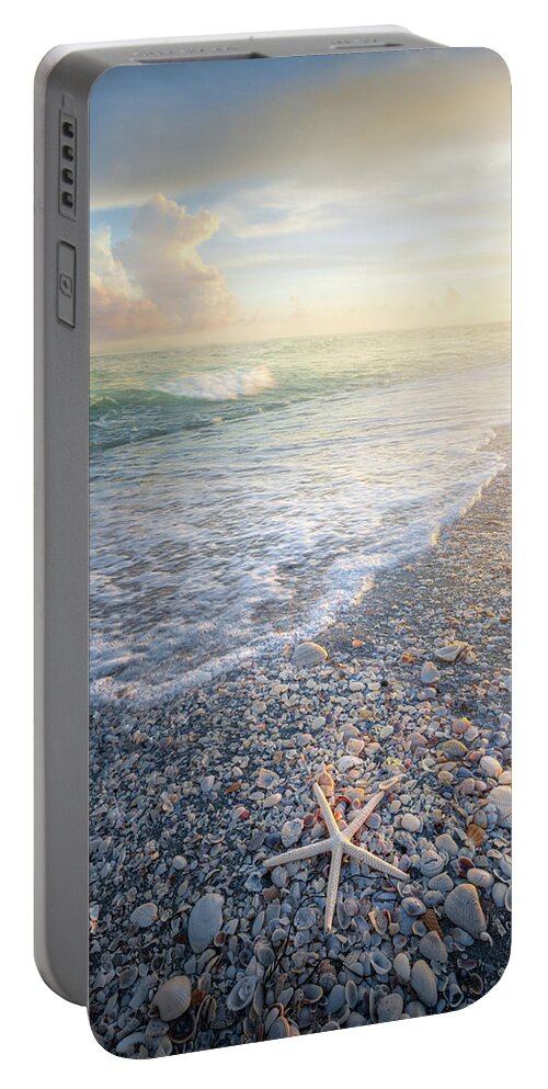 Starfish Portable Battery Charger featuring the photograph Starfish And Seashells Sanibel Island Florida Beach Sunset by Jordan Hill