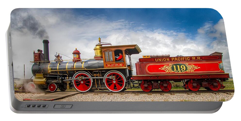 Train Portable Battery Charger featuring the photograph Steam Engine at Golden Spike by Pam Rendall