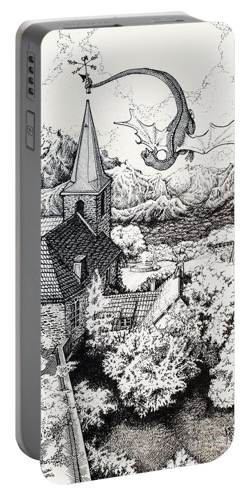 Steeplejack Portable Battery Charger featuring the drawing Steeplejack Dragon by Merana Cadorette