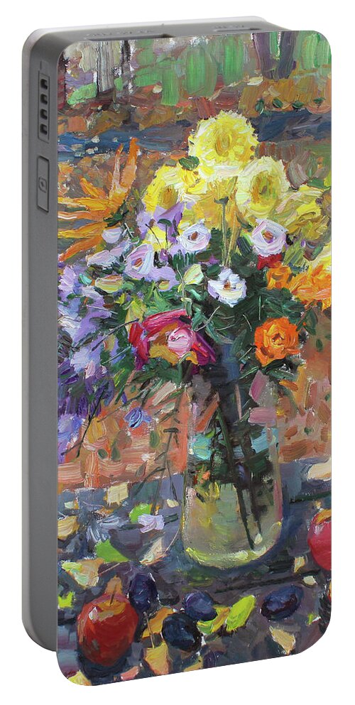Still Life Portable Battery Charger featuring the painting Still life with flowers and apples by Juliya Zhukova