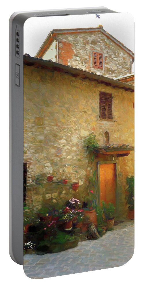 Italy Portable Battery Charger featuring the mixed media Stone House With Flowers Tuscany by Deborah League