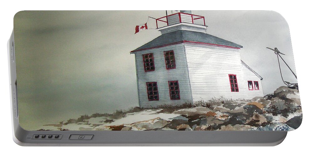 A Storm Approaches A Lighthouse In Canada. Portable Battery Charger featuring the painting Storm Watch by Monte Toon