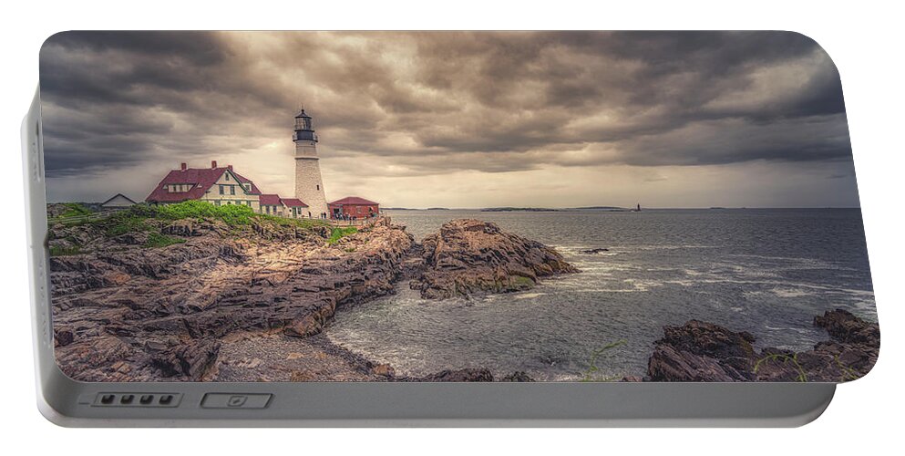 Portland Head Lighthouse Portable Battery Charger featuring the photograph Stormy Afternoon at Portland Head Light by Penny Polakoff