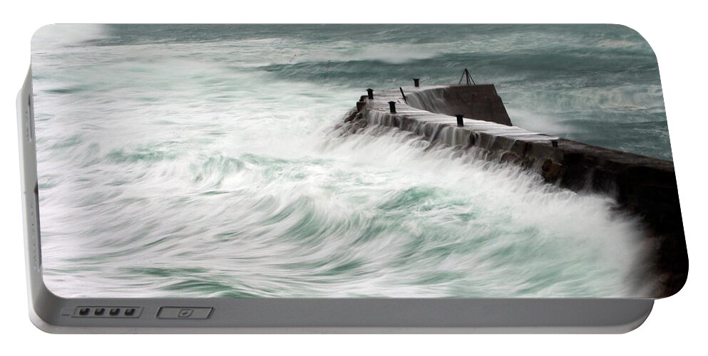 Sea Portable Battery Charger featuring the photograph Stormy sea Sennen Cove by Tony Mills