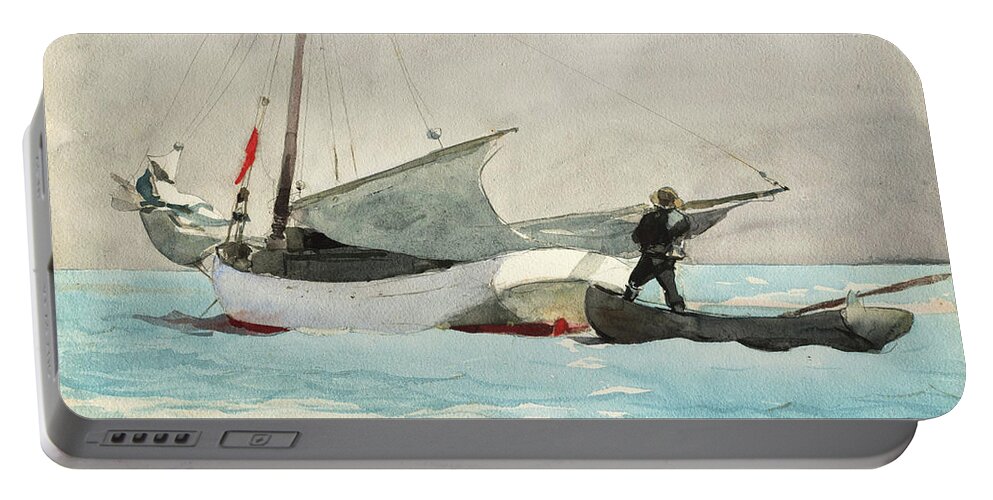  Ocean Portable Battery Charger featuring the painting Stowing Sail, 1903 by Winslow Homer