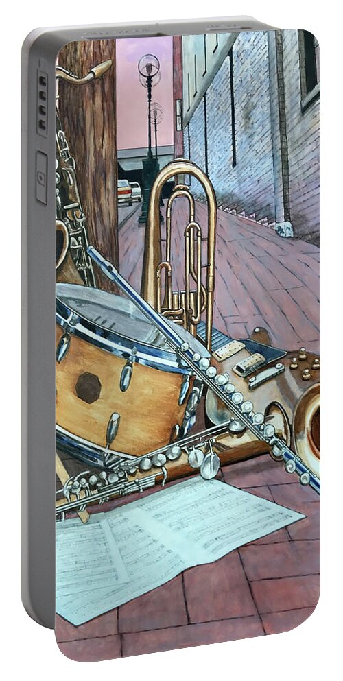 Musical Instruments Portable Battery Charger featuring the painting Street Corner Symphony by Mr Dill