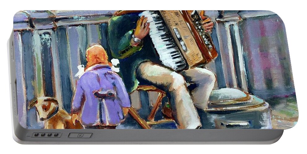 Accordionist Portable Battery Charger featuring the painting Street musician by Lana Sylber