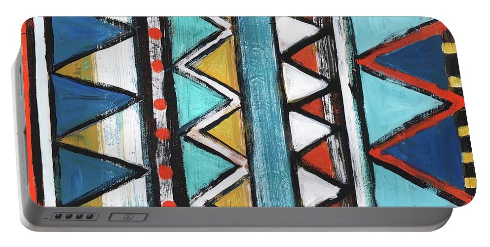 Geometric Portable Battery Charger featuring the painting Stripes and Triangles V by Cyndie Katz