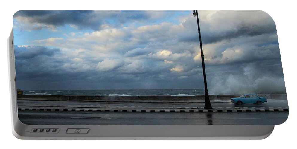 Cuba Portable Battery Charger featuring the photograph Strong wind on the Malecon by Micah Offman