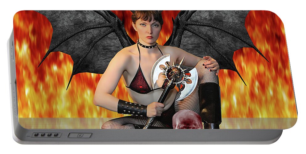 Succubus Portable Battery Charger featuring the photograph Succubus With Ax and Skull by Jon Volden