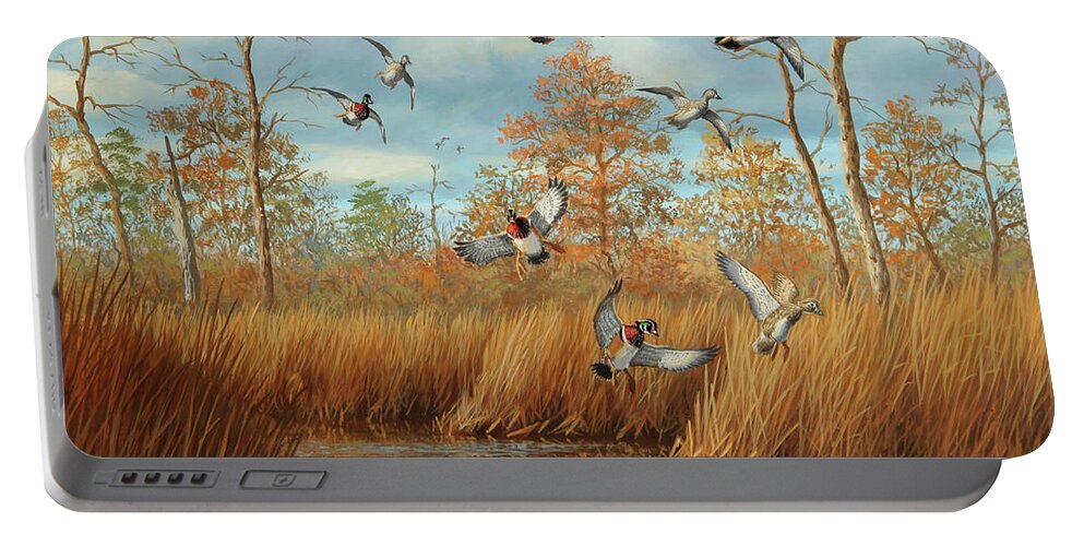 Wood Ducks Portable Battery Charger featuring the painting Sudden Arrivals by Guy Crittenden