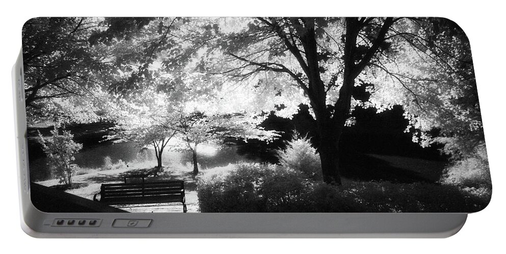 Infrared Black And White Portable Battery Charger featuring the photograph Summer at Quiet Waters No.7 - Infrared Black and White Film Photograph by Steve Ember