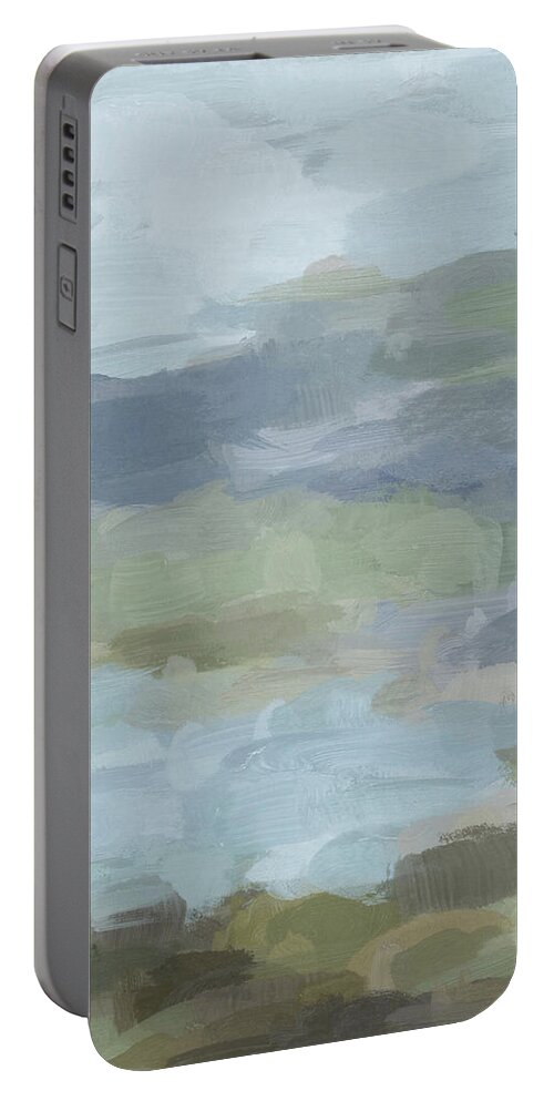 Sky Gray Blue Sage Green Portable Battery Charger featuring the painting Summer at the Lake II by Rachel Elise
