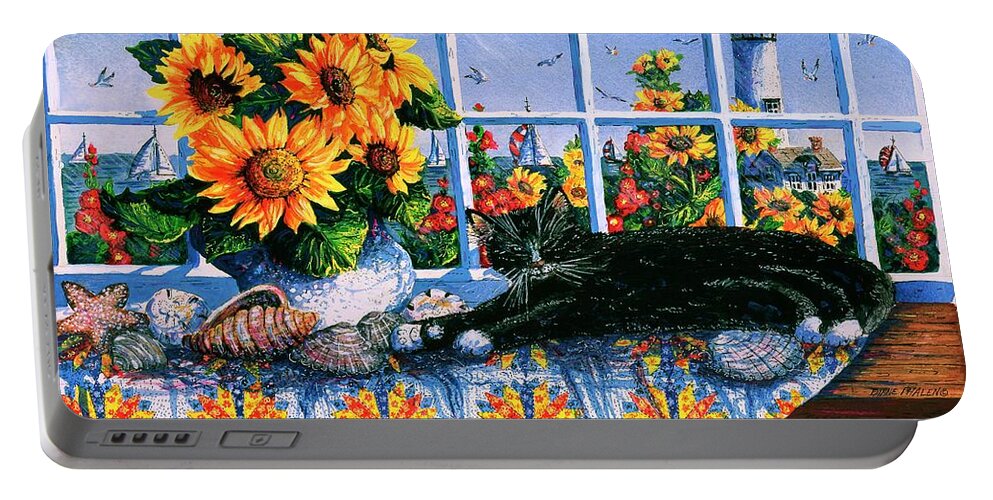 Quilt Portable Battery Charger featuring the painting Summer Beach House Cat by Diane Phalen