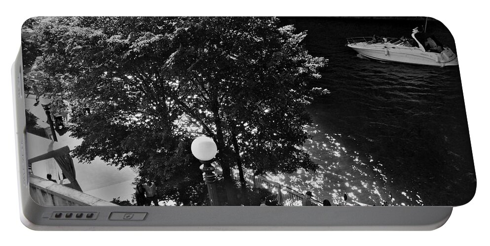 Urban Landscape Portable Battery Charger featuring the photograph Summer Days on the Chicago River - Black and White by Frank J Casella