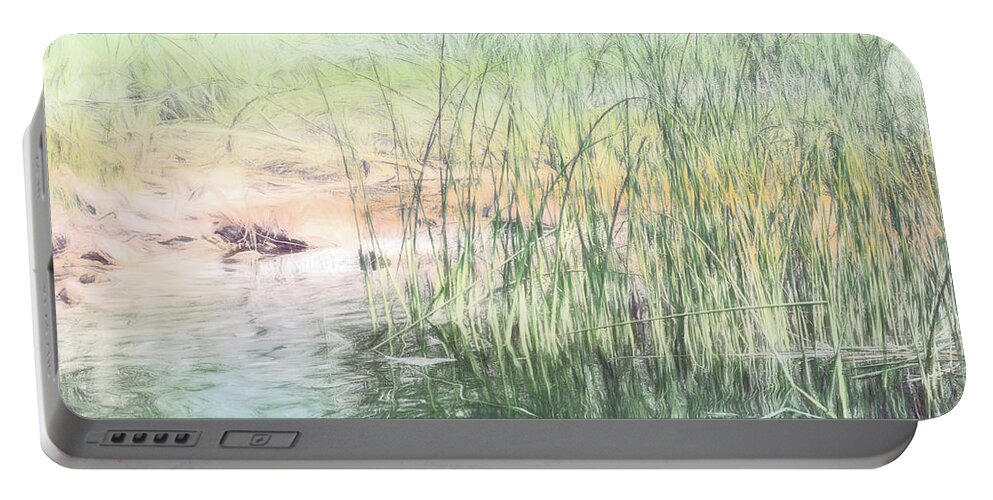 Lake Portable Battery Charger featuring the digital art Summer Lake Reeds by Jean OKeeffe Macro Abundance Art