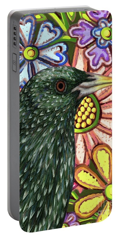 Starling Portable Battery Charger featuring the painting Summer Starling Floral by Amy E Fraser