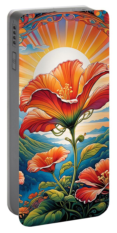 Vibrant Portable Battery Charger featuring the digital art Sun Ray Flower Pop Art by Greg Joens