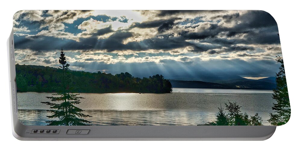 Sun Portable Battery Charger featuring the photograph Sun Rays and Storm Clouds Over Rangeley Maine by Russel Considine