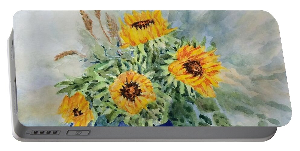 Sunflowers Portable Battery Charger featuring the painting Sunflowers in blue vase by Milly Tseng