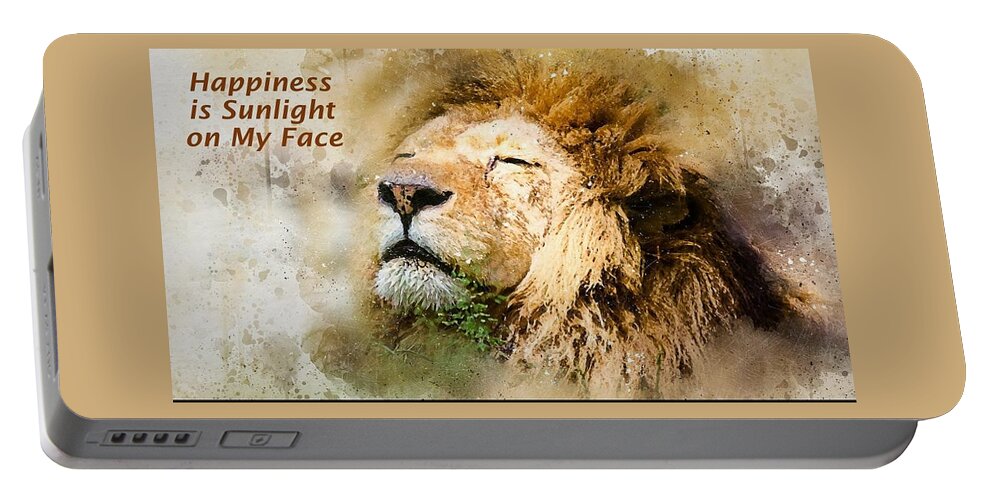 Lion Portable Battery Charger featuring the mixed media Sunlight on My Face by Nancy Ayanna Wyatt