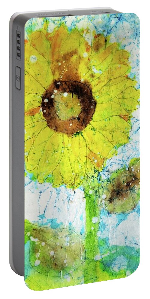 Batik Portable Battery Charger featuring the painting Sunlit Sunflower by Shady Lane Studios-Karen Howard