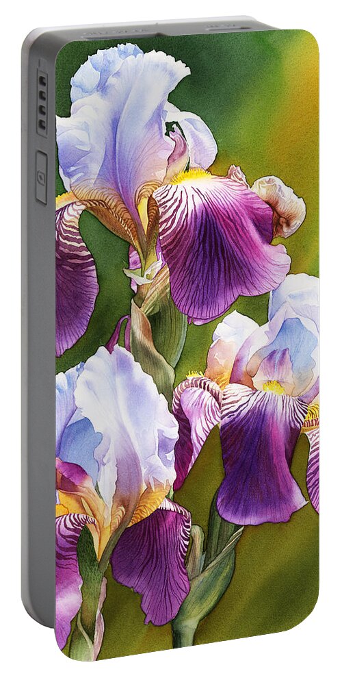 Iris Portable Battery Charger featuring the painting Sunny Irises by Espero Art