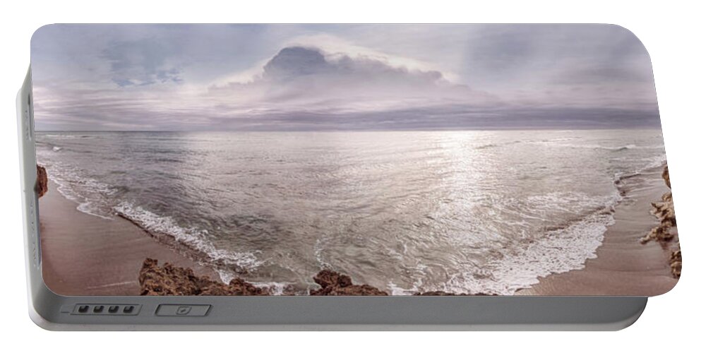 Panorama Portable Battery Charger featuring the photograph Sunrays over Coral Cove Beach Cottage Hues by Debra and Dave Vanderlaan