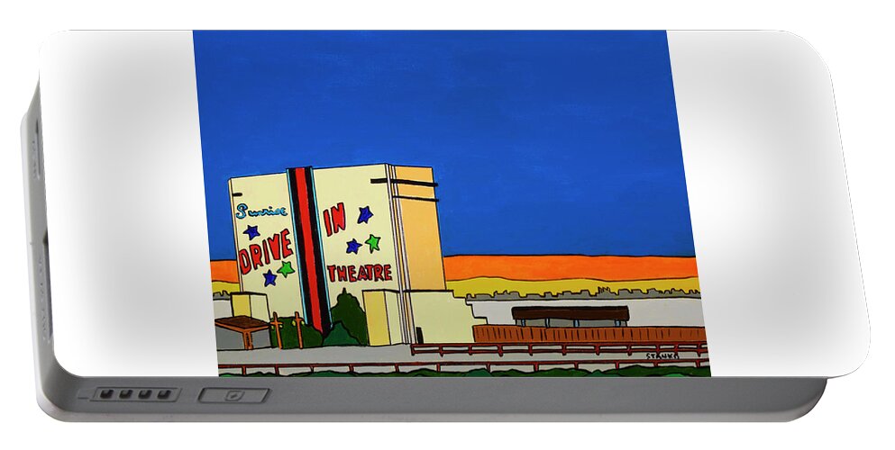 Sunrise Drive-in Valley Stream Movies Portable Battery Charger featuring the painting Sunrise Drive In by Mike Stanko