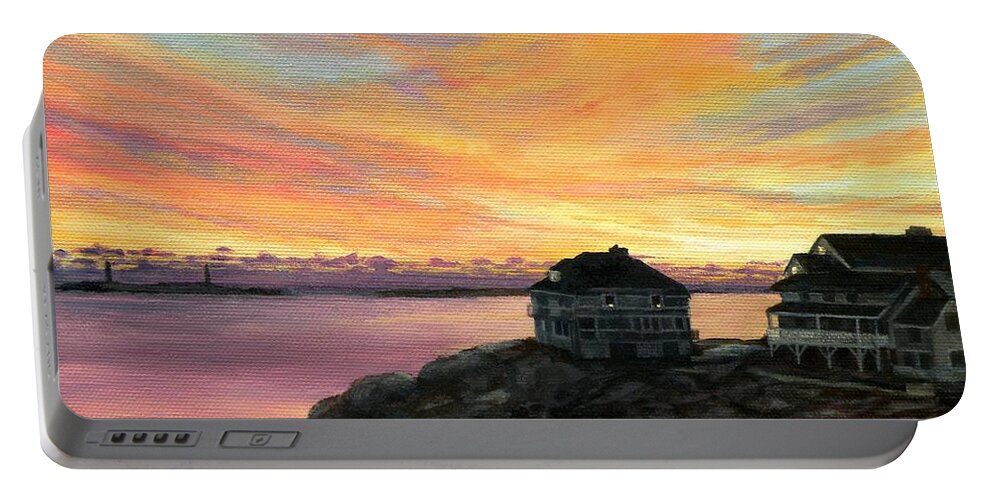 Rockport Portable Battery Charger featuring the painting Sunrise, Long Beach, Rockport, MA by Eileen Patten Oliver
