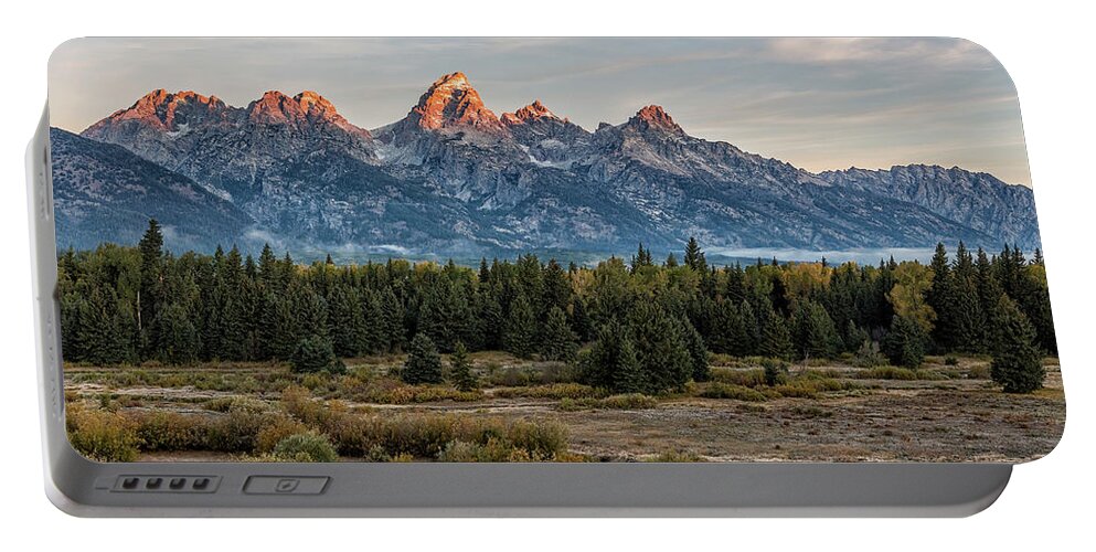 Sunrise Portable Battery Charger featuring the photograph Sunrise over the Grand Tetons from Blacktail Ponds Overlook, No. 1 by Belinda Greb