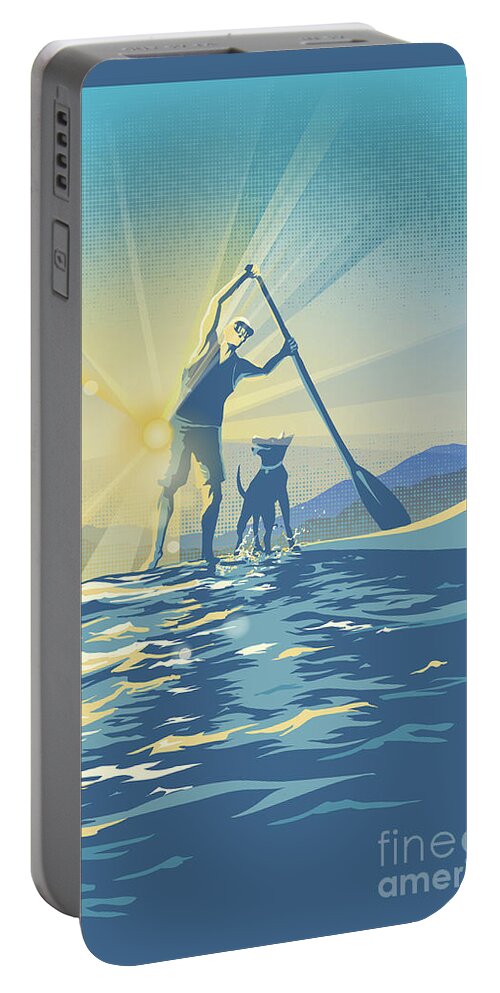Paddle Boarding Portable Battery Charger featuring the digital art Sunrise Paddle Boarder by Sassan Filsoof