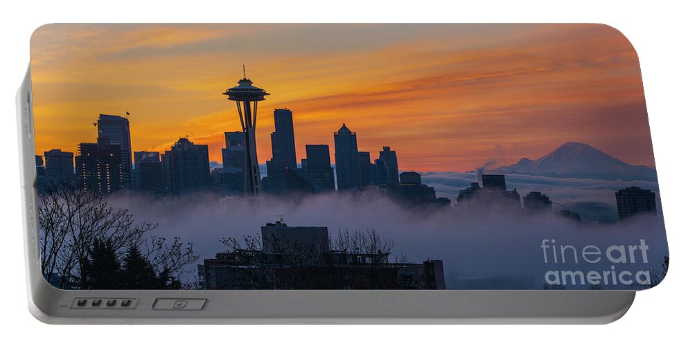 Seattle Portable Battery Charger featuring the photograph Sunrise Seattle Skyline Above the Fog by Mike Reid