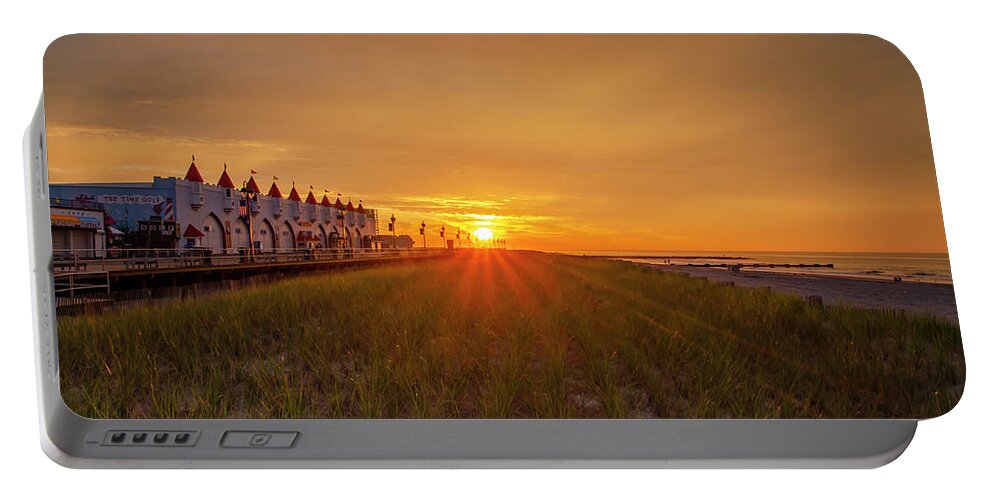 Sunrise Portable Battery Charger featuring the photograph Sunrise - The Boardwalk and Beach at Ocean City New Jersey by Bill Cannon