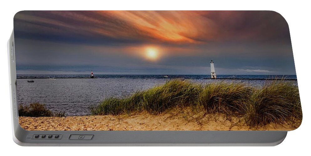 Northernmichigan Portable Battery Charger featuring the photograph Sunset at Betsie Harbor Entrance IMG_3653 by Michael Thomas