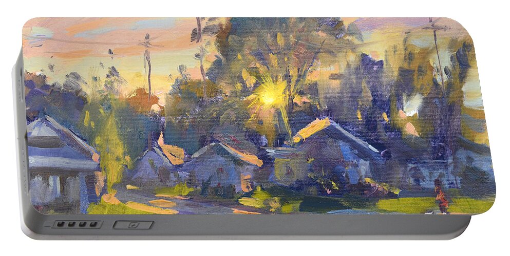 Sunset Portable Battery Charger featuring the painting Sunset at my Neighborhood by Ylli Haruni
