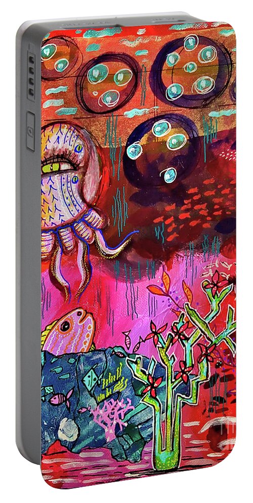 Outsider Art Portable Battery Charger featuring the mixed media Sunset at the Bottom of the Ocean by Mimulux Patricia No