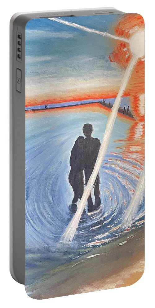 Oil Painting Portable Battery Charger featuring the painting Sunset at the Ludington Beach by Lisa White