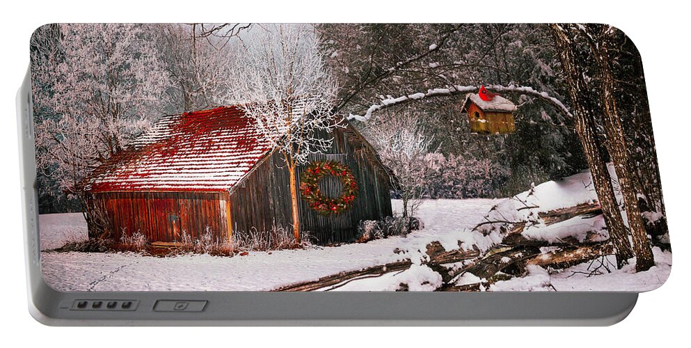 Barn Portable Battery Charger featuring the photograph Sunset Barn in the Snow by Debra and Dave Vanderlaan