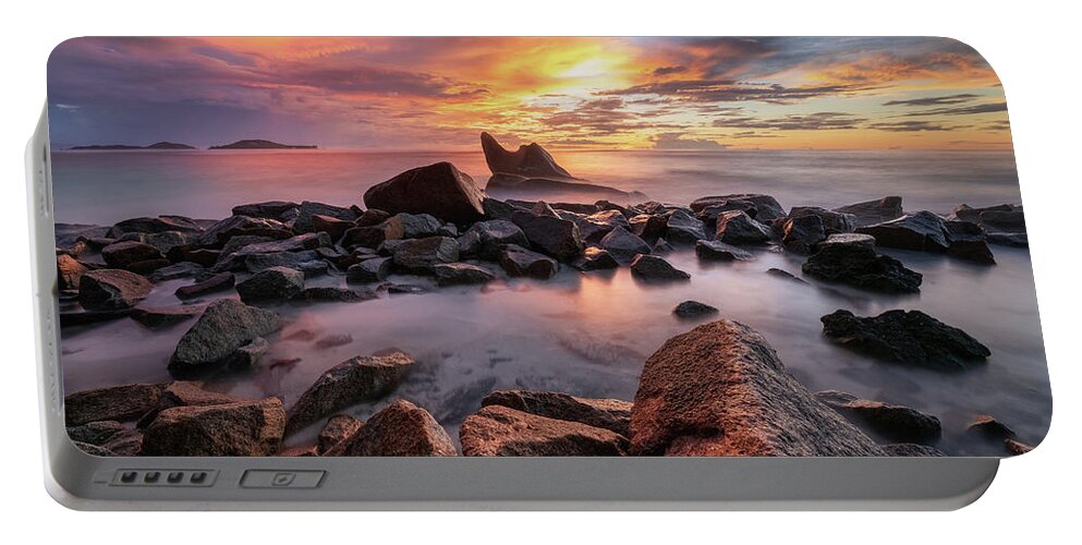 Rocks Portable Battery Charger featuring the photograph Sunset beach by Erika Valkovicova