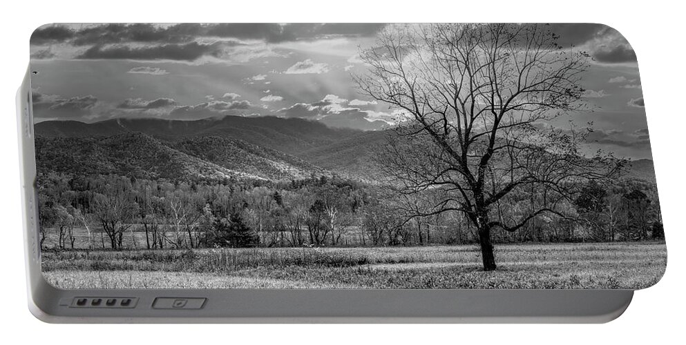 Tree Portable Battery Charger featuring the photograph Sunset Clouds in Cades Cove Black and White by Debra and Dave Vanderlaan