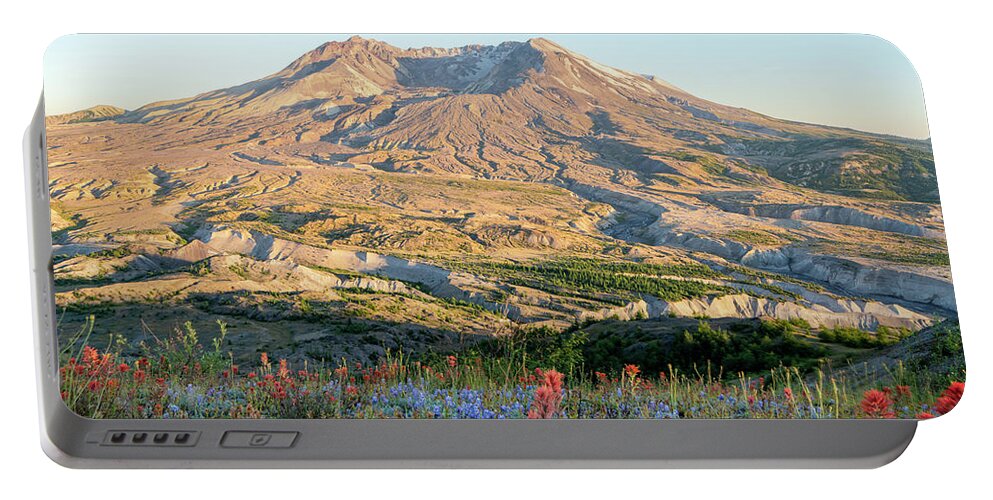 Outdoor; Hiking; Johnston Ridge; Flowers; Summer; Mountains; Craters; Mt St. Helens Portable Battery Charger featuring the digital art Sunset in St. Helens by Michael Lee