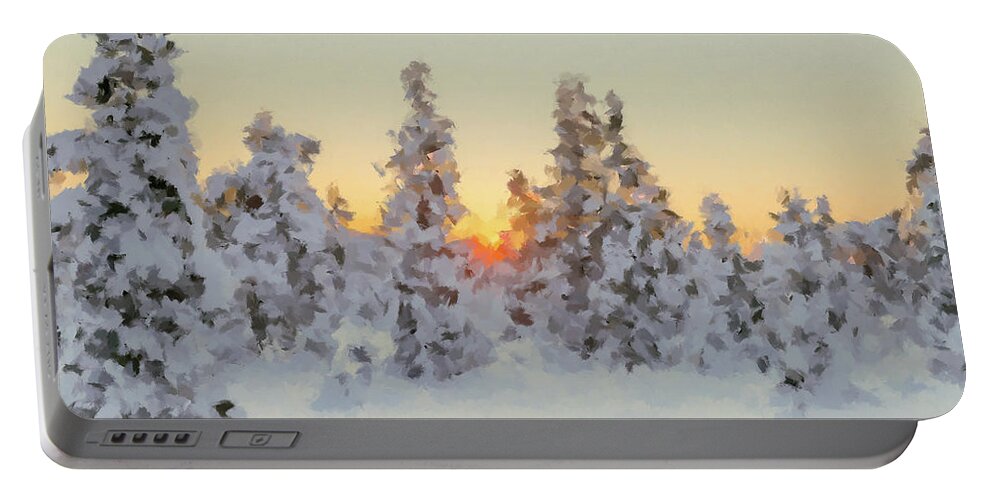 Winter Portable Battery Charger featuring the painting Sunset in Winter Forest by Alex Mir