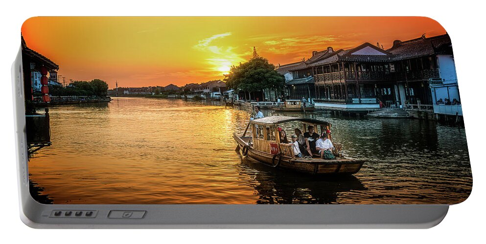 Zhujiajiao Portable Battery Charger featuring the digital art Sunset in Zhujiajiao by Kevin McClish