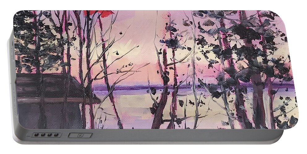 Landscape Portable Battery Charger featuring the painting Sunset Lakeside by Sheila Romard