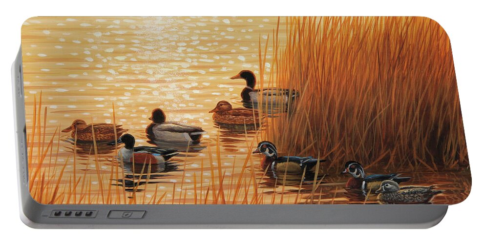 Ducks Portable Battery Charger featuring the painting Sunset Mixer by Guy Crittenden