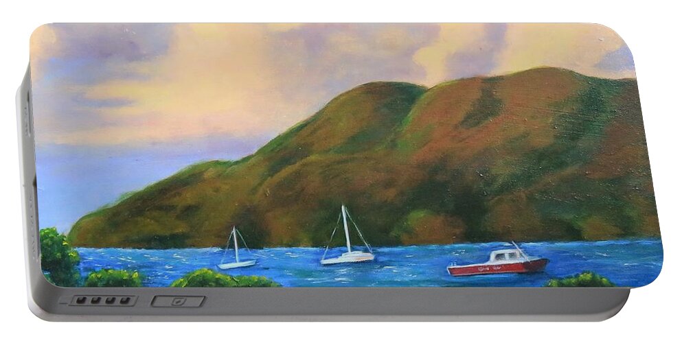 Sunset Portable Battery Charger featuring the painting Sunset on Cruz Bay by Laurie Morgan