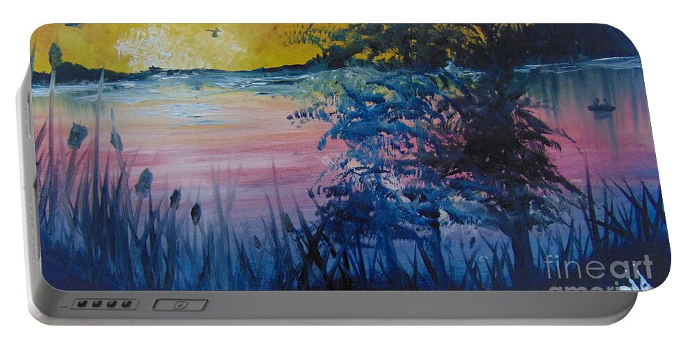 Lake Portable Battery Charger featuring the painting Sunset on the Lake by Saundra Johnson