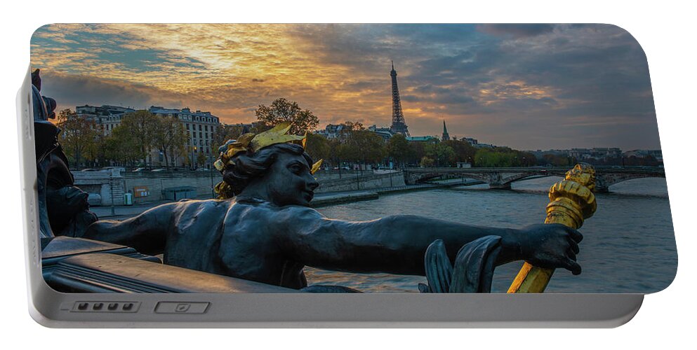 Eiffel Tower From The Alex Bridge Portable Battery Charger featuring the photograph Sunset on the Seine River by Mike Brown