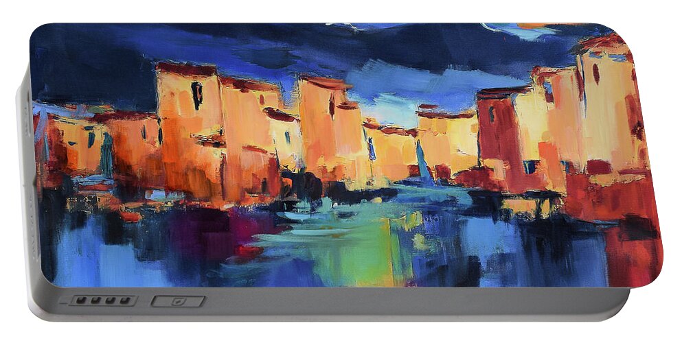 Cinque Terre Portable Battery Charger featuring the painting Sunset Over the Village by Elise Palmigiani